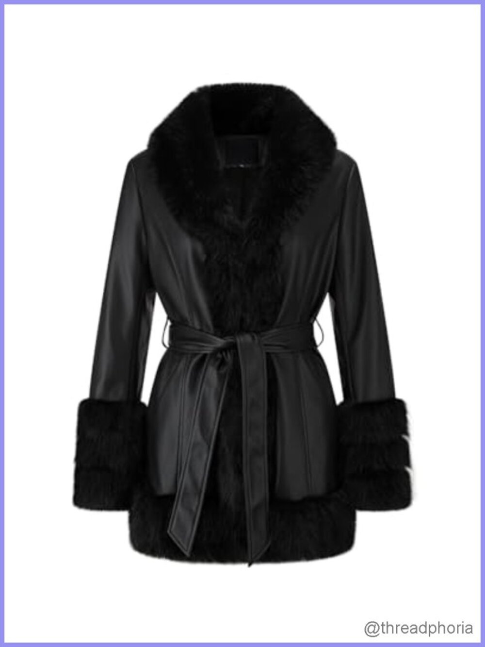 Faux Leather Fur Lined Belted Parka Overcoat